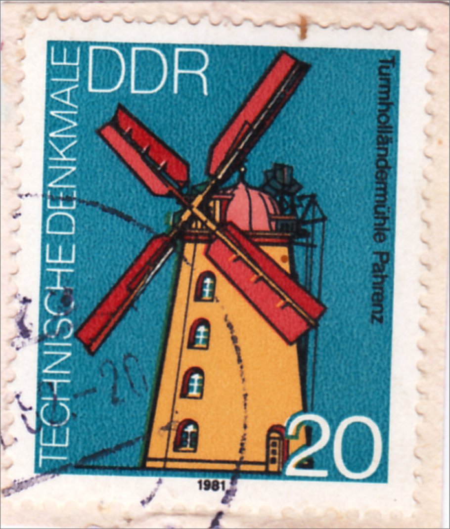 Briefmarke aus DDR-Zeit - die selbe Mühle mit Flügeln
