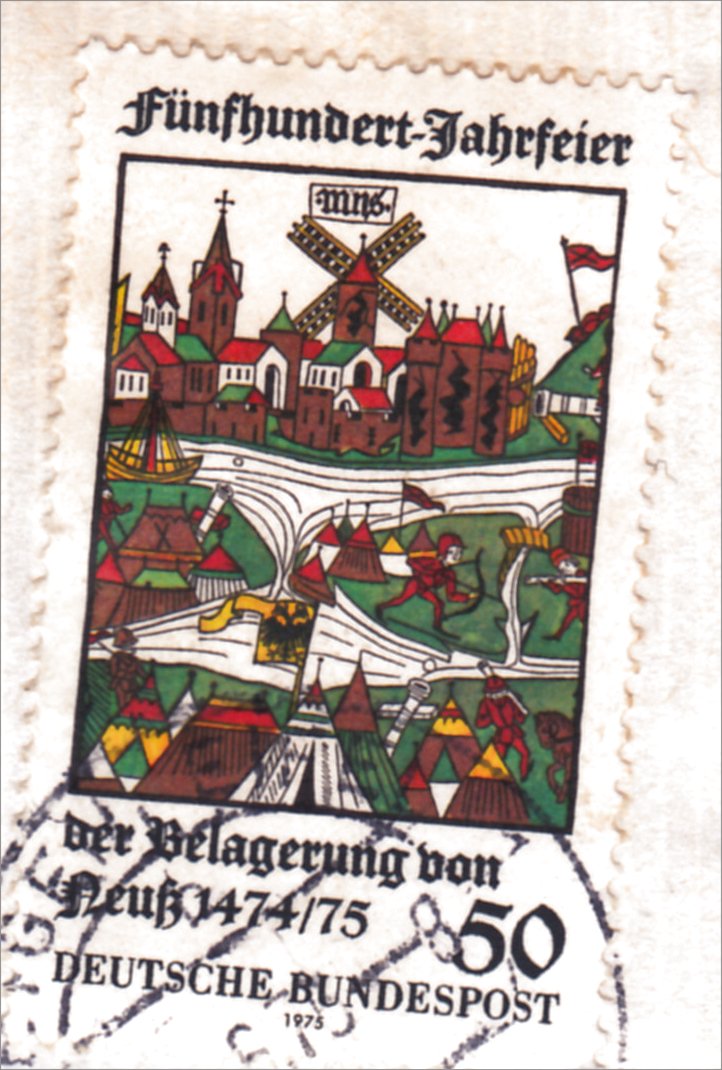 Briefmarke zum Stadtjubiläum von Neuss mit Windmühle auf Mauer
