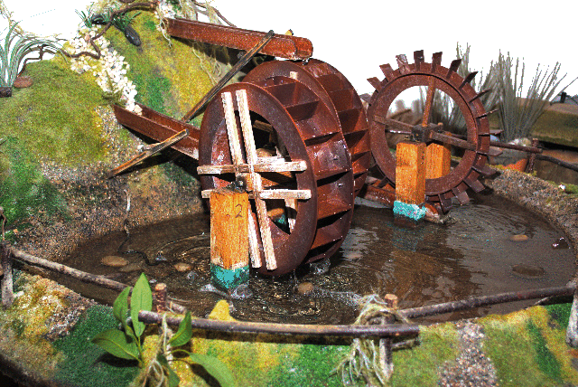 Modell von drei Wassermühlen